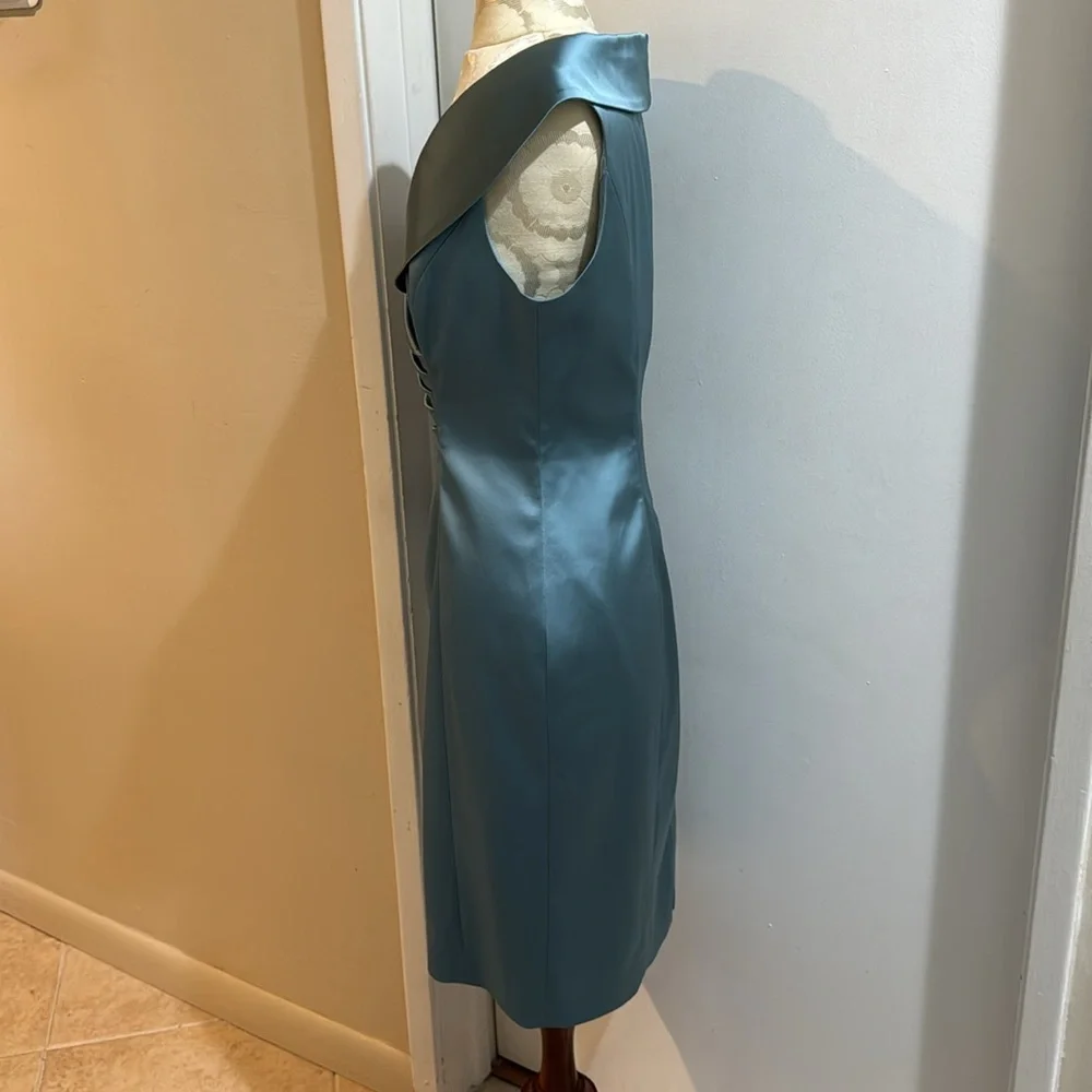Silk Misty Blue Portrait Collar Ruched Sleeveless Tea Length Dress 10 - Picture 8 of 14